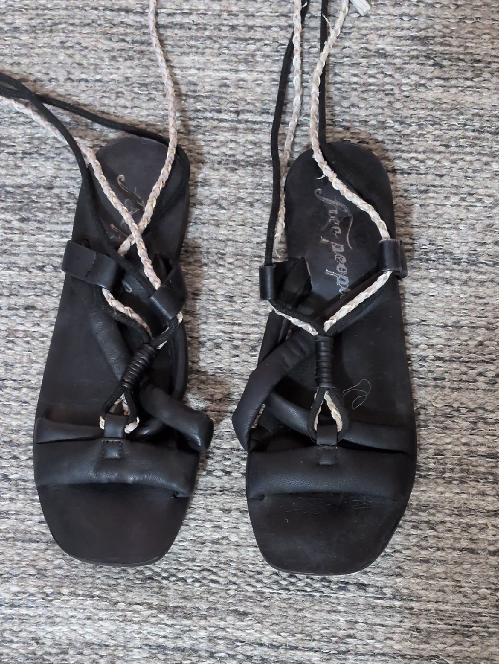 Free People Leather Black Strappy Women’s Sandals with Braided Detail